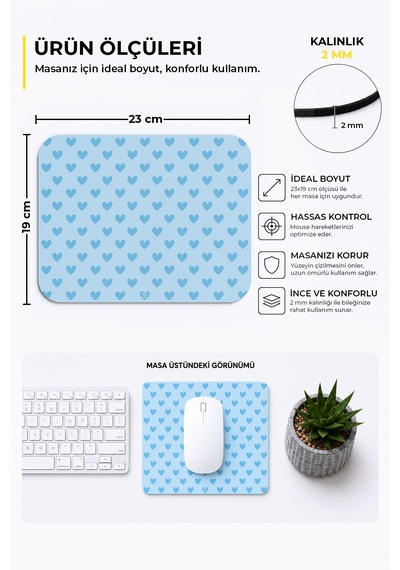 Mavi Renkli Kalpli Desenli Ergonomik Mouse Pad, Kaymaz Yüzey İle Ev Ve Ofis Kullanımı İçin İdeal