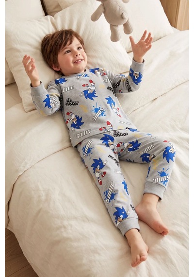 Zuzunga The Hedgehog Super Sonic Desenli %100 Pamuk Gri Renk Erkek Çocuk Pijama Takımı
