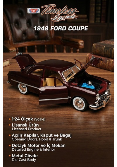 Motor Max 1:24 1949 Ford Coupe Model Araba Metal Diecast - Bordo