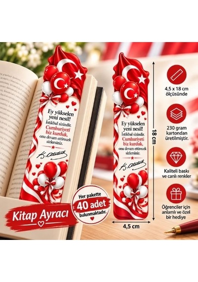 29 Ekim Cumhuriyet Bayramı Karton Kitap Ayracı 40' Lı Paket Balonlu Tüm Yaşlar