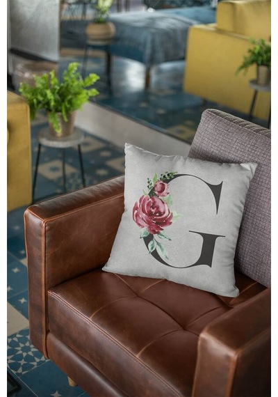 Çift Taraflı Gri G Harfli Yastık Kırlent Kılıfı Krl569n11