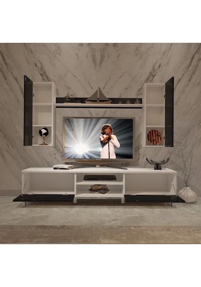 Decoraktiv Eko 7 Mdf Dvd Krom Ayaklı Tv Ünitesi Tv Sehpası Beyaz - Siyah