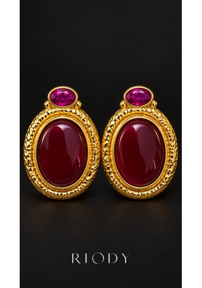Riody Rubis Velours Gold Renkli Bordo Fuşya Oval Taş Görünümlü Çelik Kadın Küpe