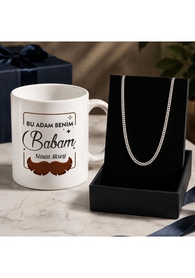 Bk Gift Kişiye Özel Babalar Günü Tasarımlı Beyaz Kupa & Sık Gurmet Zincir Kolye -6, Babalar Günü Hediyesi Gümüş