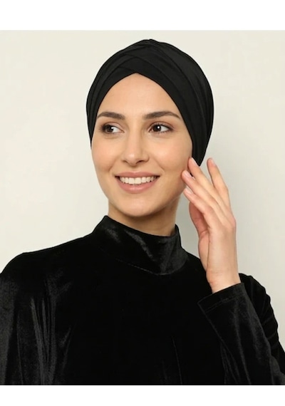 Alivascarf Çapraz Üç Bantlı Deniz Bonesi Hazır Türban Tesettür Bone Siyah