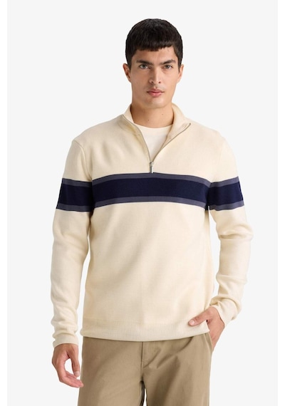 Defacto Slim Fit Dar Kesim Dik Yaka Fermuarlı Renk Bloklu Triko Kazak Y4193az25wnbg187 Bej