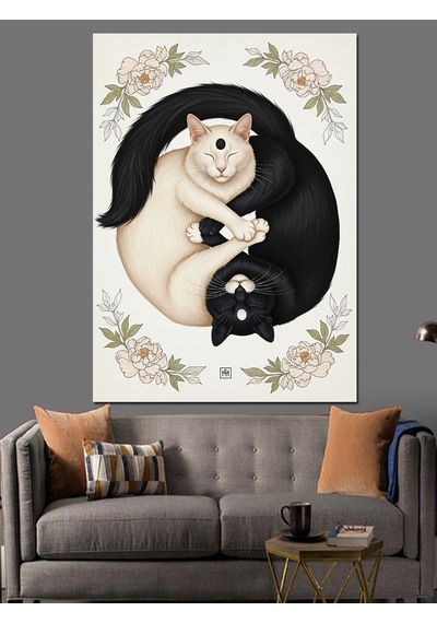 Ahşap Tablo Yin Yang Kedi Felsefesi Hayvan Tabloları