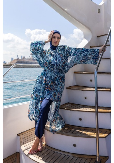 Remsa Mayo Remsa Tesettür Mayo Üzerine Tek Kaftan Kimono Pareo Rp011 İznik Lacivert