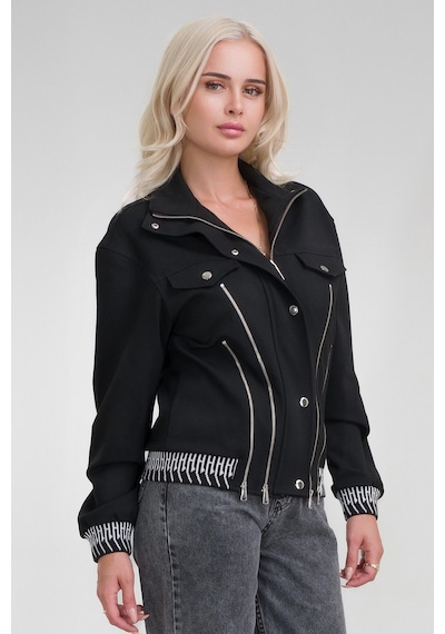 Bold & Young Kadın Viskon Polyester Likralı Kumaş Fermuar Aksesuarlı Kaşkorseli Cepli Ceket Siyah