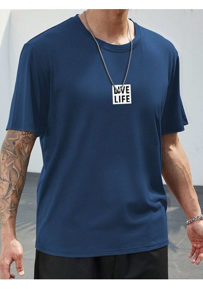 Flood Of Style Unisex Siyah Oversize Bisiklet Yaka %100 Pamuk Live Life Baskılı Lacivert