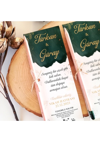 Yeşil Gold Detaylı Söz Nişan Nikah Hediye Tohumlu Kalem 30 Adet