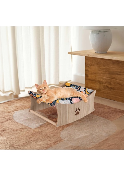 Gobypet Kedi Hamak Yatağı Ahşap Kedi Salıncağı Paspaslı Yükseltilmiş Evcil Hayvan Dinlenme Alan