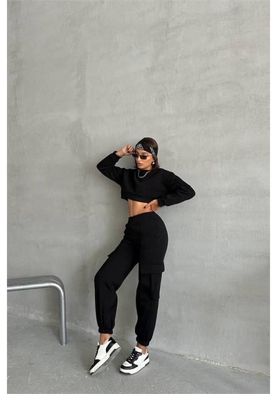 Dip Moda Kadın Bisiklet Yaka Crop Eşofman Takımı Dpnbg041 Siyah