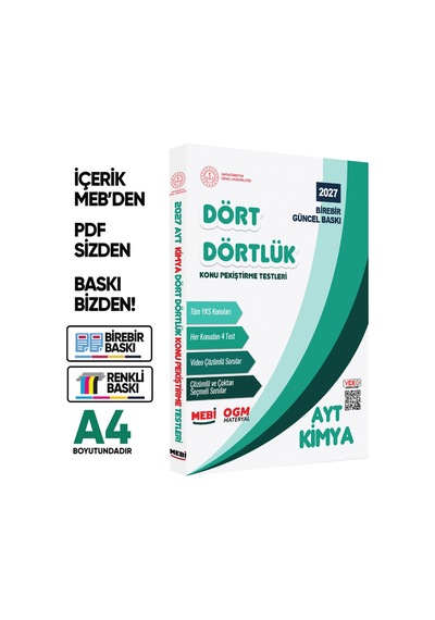 2027 YKS-ayt Mebi-ogm Dört Dörtlük Kimya Pekiştirme Testi A4 Renkli Soru Bankası Baskı Ücreti