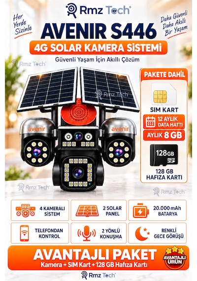Avenir S446 4 Kameralı Telefondan 3 Dönebilir Güneş Enerjili Güvenlik - Aov 7/24 Sim Kart 1 Yıl Her Ay 8gb 128 Hafıza