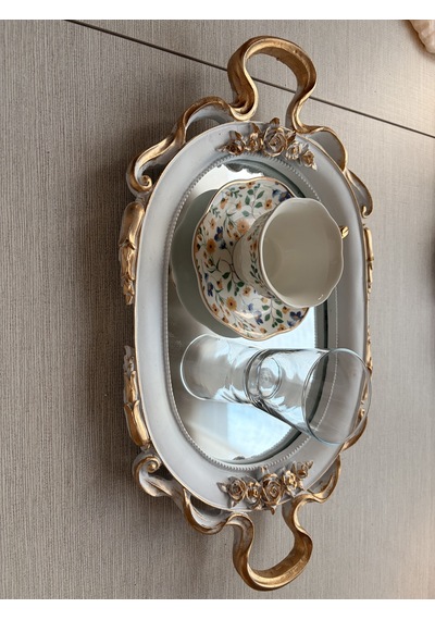 Küçük Oval Aynalı Dekoratif Tepsi Beyaz Altın Varak Eskitme Kulplu Gül Kabartmalı Sunum Tepsisi