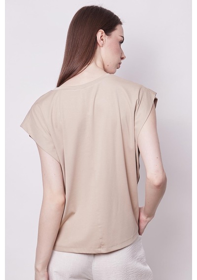 Jument Şık Likralı Span Kumaş Kolsuz Geniş Sıfır Yaka Düşük Omuzlu Basic Tshirt Bluz-koyu Bej K.bej
