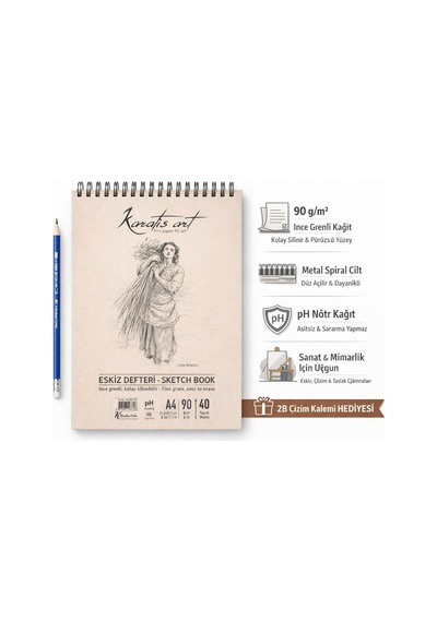 Lexroo A4 Eskiz Defteri, İnce Grenli, Kolay Silinebilir Ph Nötr Kağıt, Spiralli Sketch Book, 90 G/m² Çok Renkli