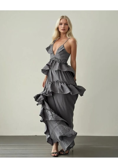 Fashion Cocktail İp Bağlama Askılı Fırfırlı Hacimli Dalgalı Hareketli Yırtmaçsız Maxi Uzun Yazlık Sahil Tatil Elbise Gri
