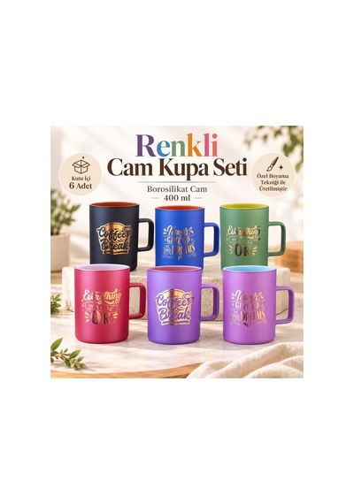 6 Lı Renkli Borosilikat Cam Kupa Seti 400 Ml Özel Boyama Desenli Cam Bardak Çok Renkli