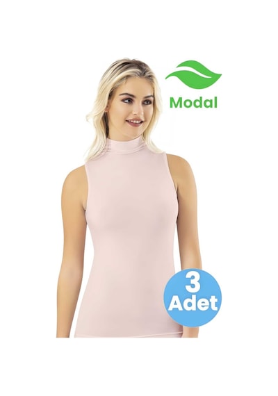 Tezzgelsin Kadın 3'lü Sıfır Kol Balıkçı Yaka Modal Atlet Pudra