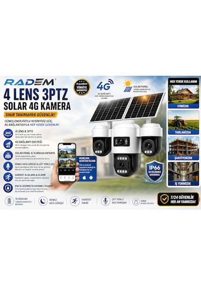 Radem Rd-104 4 Lens 3ptz Solar 4g Güvenlik Kamerası - 16000 Mah Batarya, Çift Yönlü Ses, Renkli Gece Görüşü & Ip66