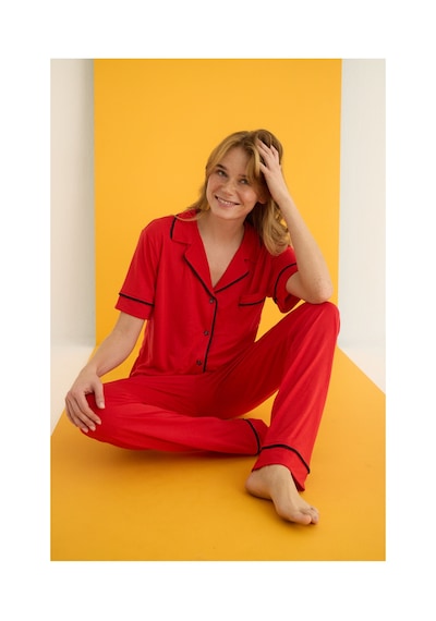 Elitol Viskon Düğmeli Pijama Takımı Kırmızı-9