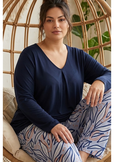 Siyah İnci Desenli Büyük Beden Battal Boy Viskon Örme Pijama Takım 26224817 Lacivert