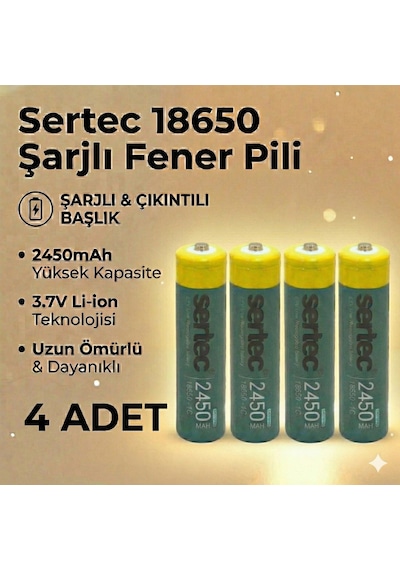 Sertec 18650 1c Şarjlı Pil 2450mah Çıkıntılı Başlıklı Fener Pili 3.7v Li-ion 4lü