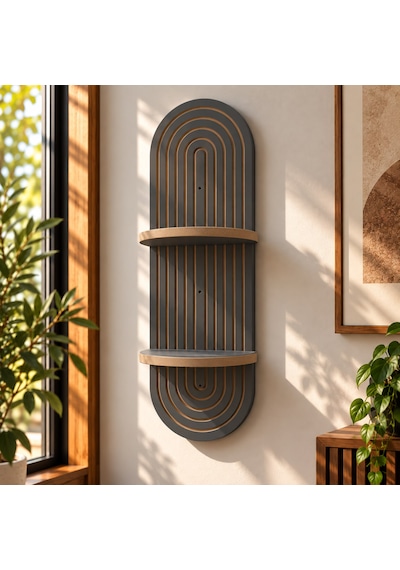 Antrasit Ahşap 2 Katlı Modern Duvar Rafı 85x30