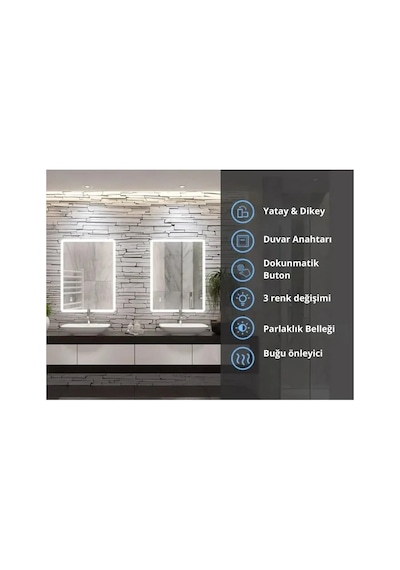 Led Işıklı Dikdörtgen Banyo Aynası -buğu Önleyici, 3 Farklı Renk Seçeneğiyle Ayarlanabilir Parlaklık Diğer
