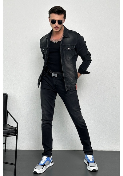 HLT Jeans Erkek Antrasit Jean Denim Standart Kalıp %100 Pamuk Cepli Düğmeli Kot Ceket 001