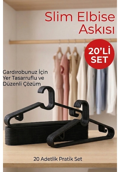 20 Adet Slim Askı Elbise Askısı ,etek Askısı, Pantolon Askısı, Bluz Askısı 20 Adet. Siyah