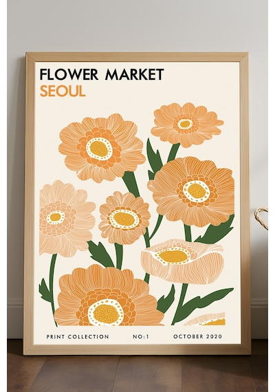 Flower Market Seul Doğal Ahşap Çerçeveli Poster, Dekoratif Sanatsal Duvar Tablosu