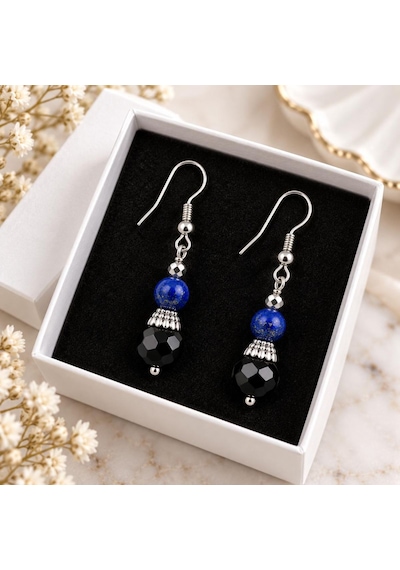 Siyah Akik Ve Lapis Lazuli Taşlı Çelik Sallantılı Küpe Çok Renkli