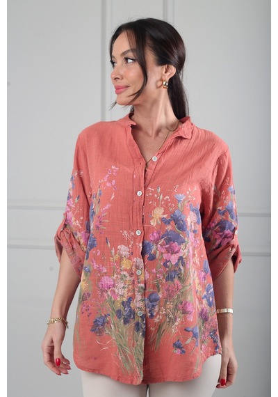 By Saygı Kadın Çiçek Desenli İtalyan Cotton Oversize Gömlek Kiremit