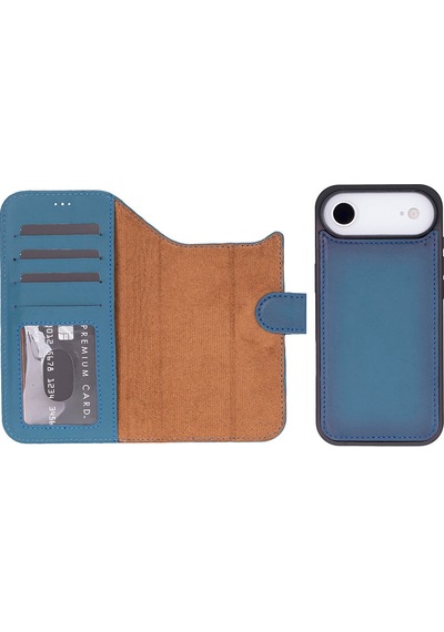 Bloomcase Magic Wallet Midnight Blue Hakiki Deri Apple Uyumlu iPhone 17air 6.5" Cüzdanlı Telefon Kılıfı Mavi