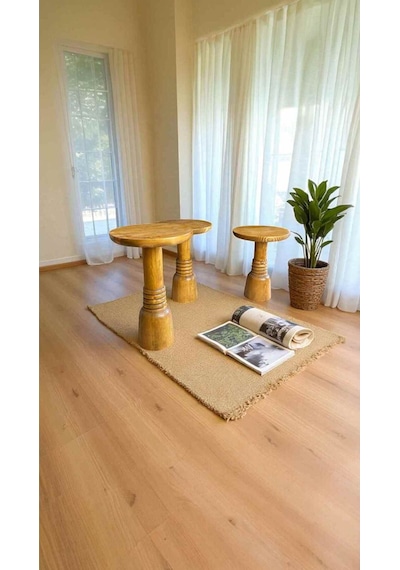Simillo 3 Lü Masif Ahşap Mantar Sehpa Koyu Ceviz Renkli Doğal Zigon Yan Sehpa Seti - Wooden Mushroom Coffee Table Koyu Ceviz