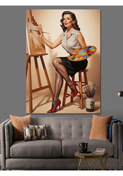 Ahşap Tablo Şövalede Resim Yapan Retro Ressam Kadın