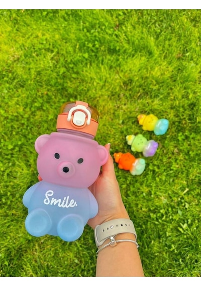 Smile Ayıcıklı Renkli 800 Ml Matara Su Şişesi Tritan Bpa Içermez Sticker Hediyeli Pembe Plastik Diğer