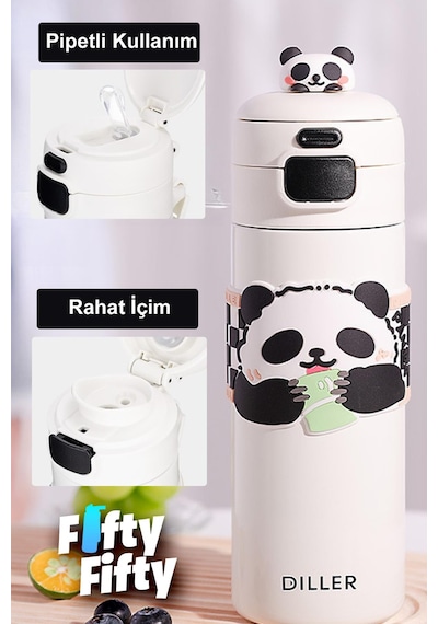 Dıller 480 Ml Tek Kapak Çift Kullanım Pipetli/pipetsiz Taşıma Kulplu Vacum Cup/çelik Termos -ffd9240 Beyaz