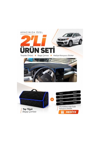 E-biz Kia Sorento 2009-2014 Uyumlu Torpido Örtüsü + Tay Tüyü Bagaj Çantası - Siyah-mavi - Kı019