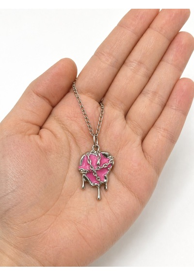 Gotik Pembe Kalp Kolye Zincir Detaylı Unisex Metal Kolye Çok renkli