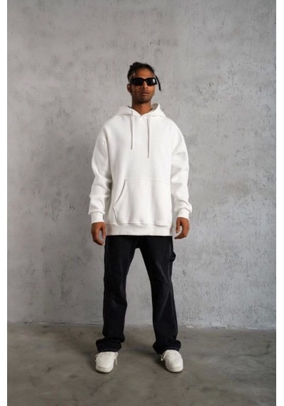 3 İplik Kapşonlu Sweatshirt Hoodie - Beyaz Siyah