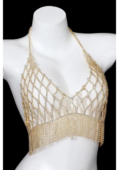 Caş Dekorasyon Altın Renk Taşlı Bikini Üstü Bralet/ Vücut Aksesuarı Altın