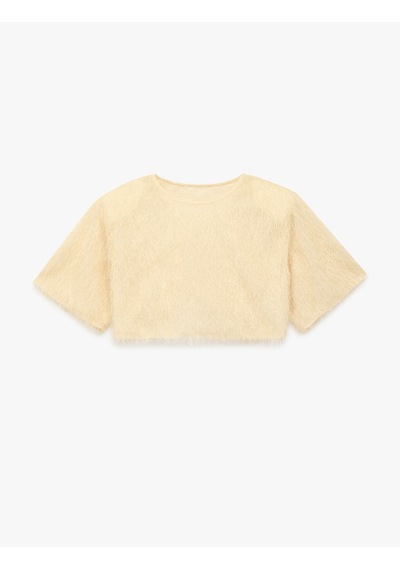 Koton Kısa Kollu Bisiklet Yaka Püsküllü Crop Bluz Ekru 6sak10055uk