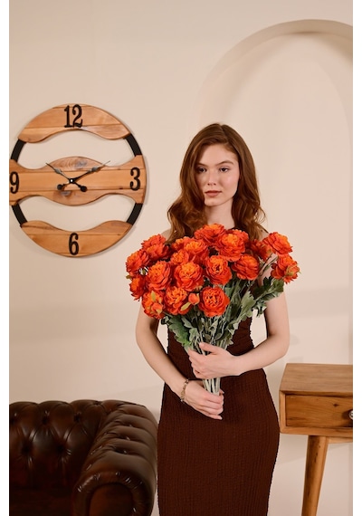 Turuncu Yapay Ranunculus Şakayık Çiçeği 3 Dallı Lüx İpeksi Dokulu 50 Cm