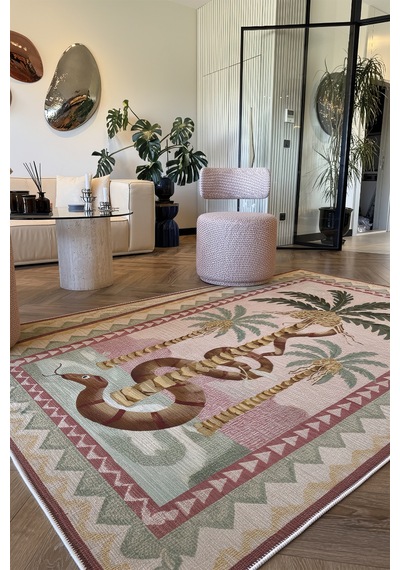 Palm 302 Bej Pembe Halı Renkli Palmiye Desenli Makinada Yıkanabilir Modern Salon Oturma Odası Halısı Pembe Yeşil 2