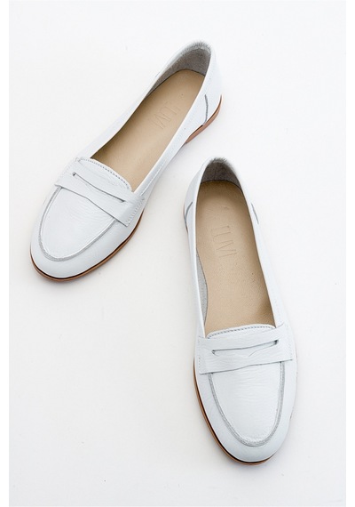 Luvishoes F02 Beyaz Cilt Kadın Babet Beyaz