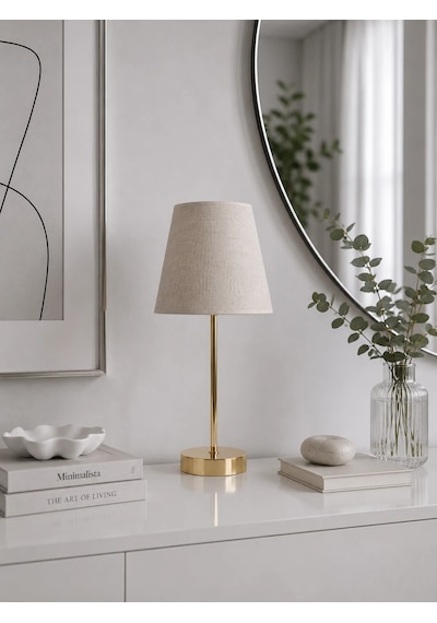 Vizon Kumaş Başlık Gold Düz Metal Ayaklı Modern Abajur 45x25 Cm